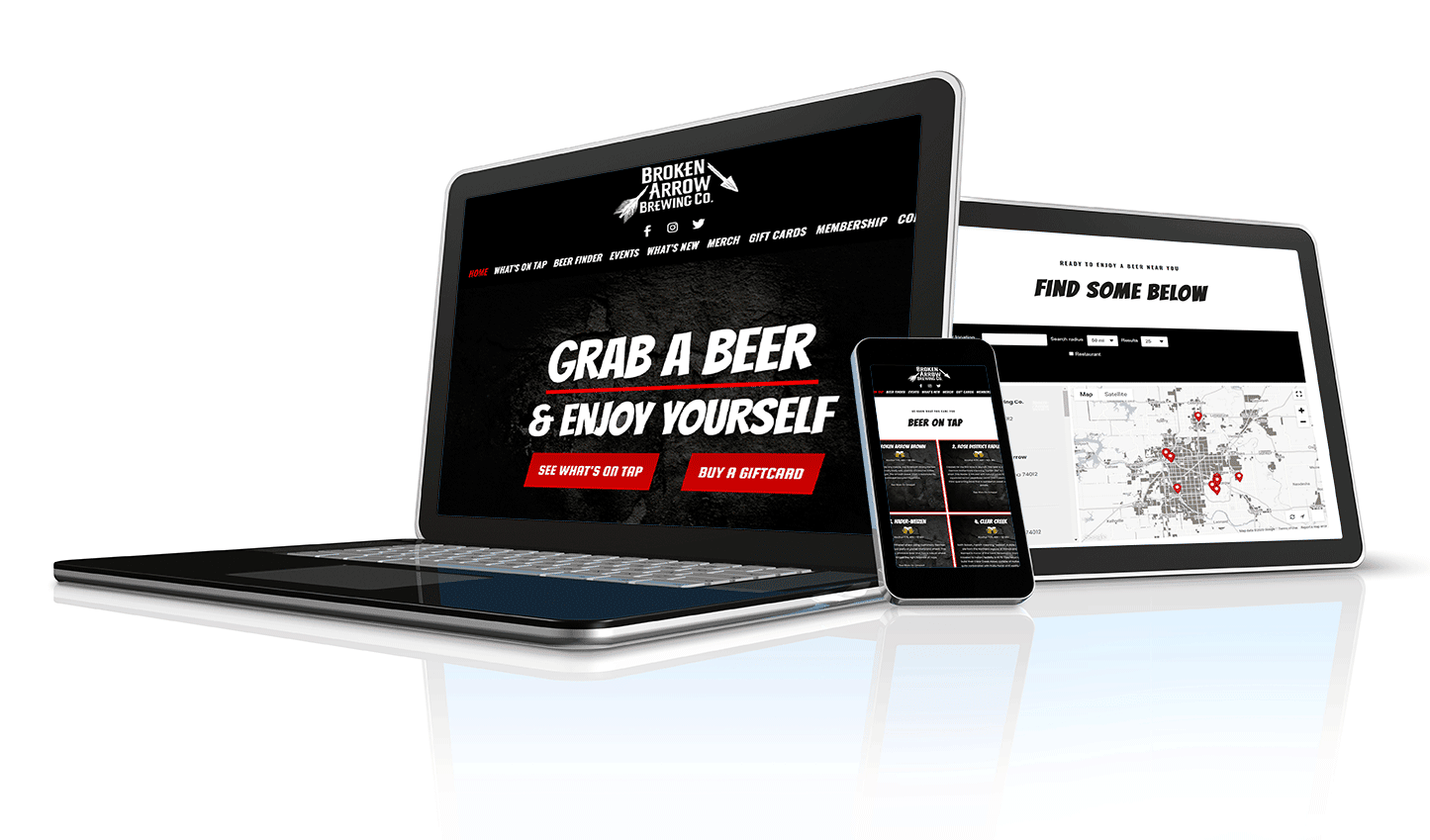 Broken Arrow Brewing displaying responsive brewery website on mobile, tablet and laptop