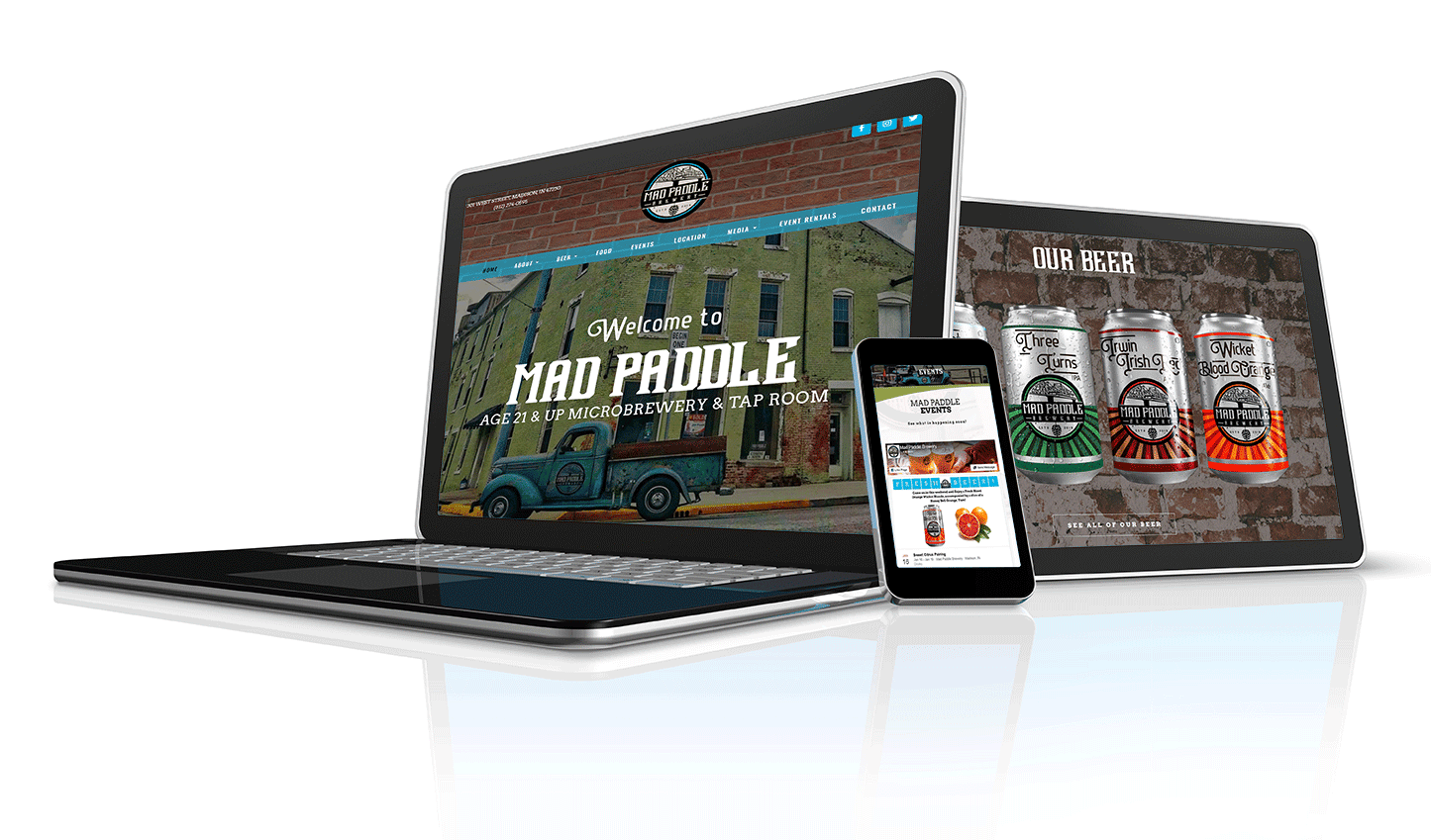 Mad Paddle Brewery example of responsive craft beer website design displayed on all devices